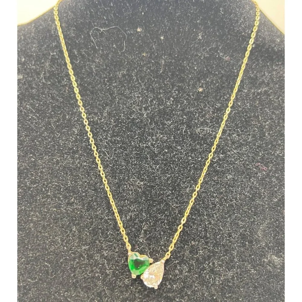 Adinas Jewels Sterling Silver Vermeil Necklace Green Toi et Moi Pendant 16-18" - Picture 1 of 14